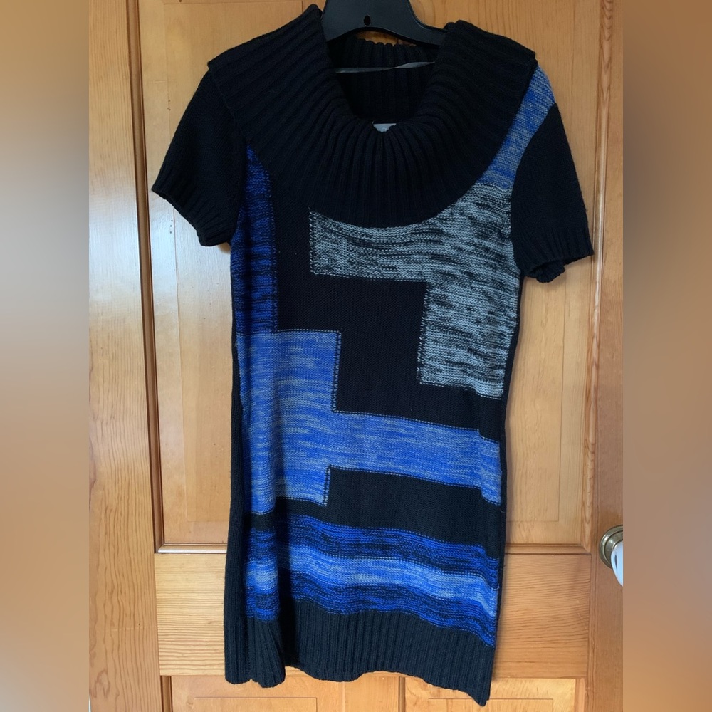 Cowl neck color block sweater dress